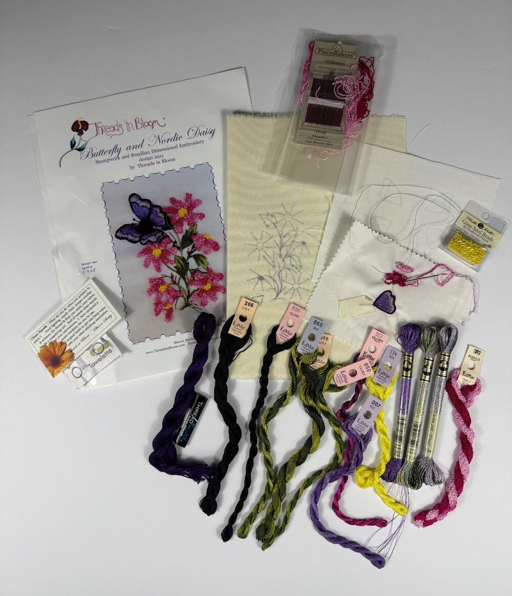 Threads in Bloom Stumpwork & Brazilian Embroidery Kit Butterfly Nordic Daisy WIP